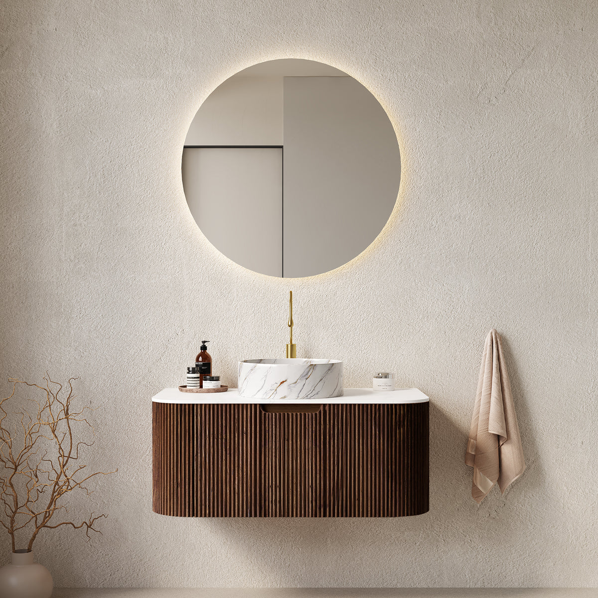 AISU 36" Bathroom Vanity with Sink, Curved Edges Striped, White Ceramic Basin with Stone Pattern, Dark Walnut Woodgrain Color