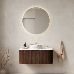 AISU 36" Bathroom Vanity with Sink, Curved Edges Striped, White Ceramic Basin with Stone Pattern, Dark Walnut Woodgrain Color
