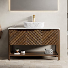 AISU 48" Freestanding Plywood Bathroom Cabinet with 3 Diagonal Striped Doors&Open Shelf, Marble Pattern Ceramic Basin&Carrara White Sintered Stone Top, Dark Walnut Woodgrain