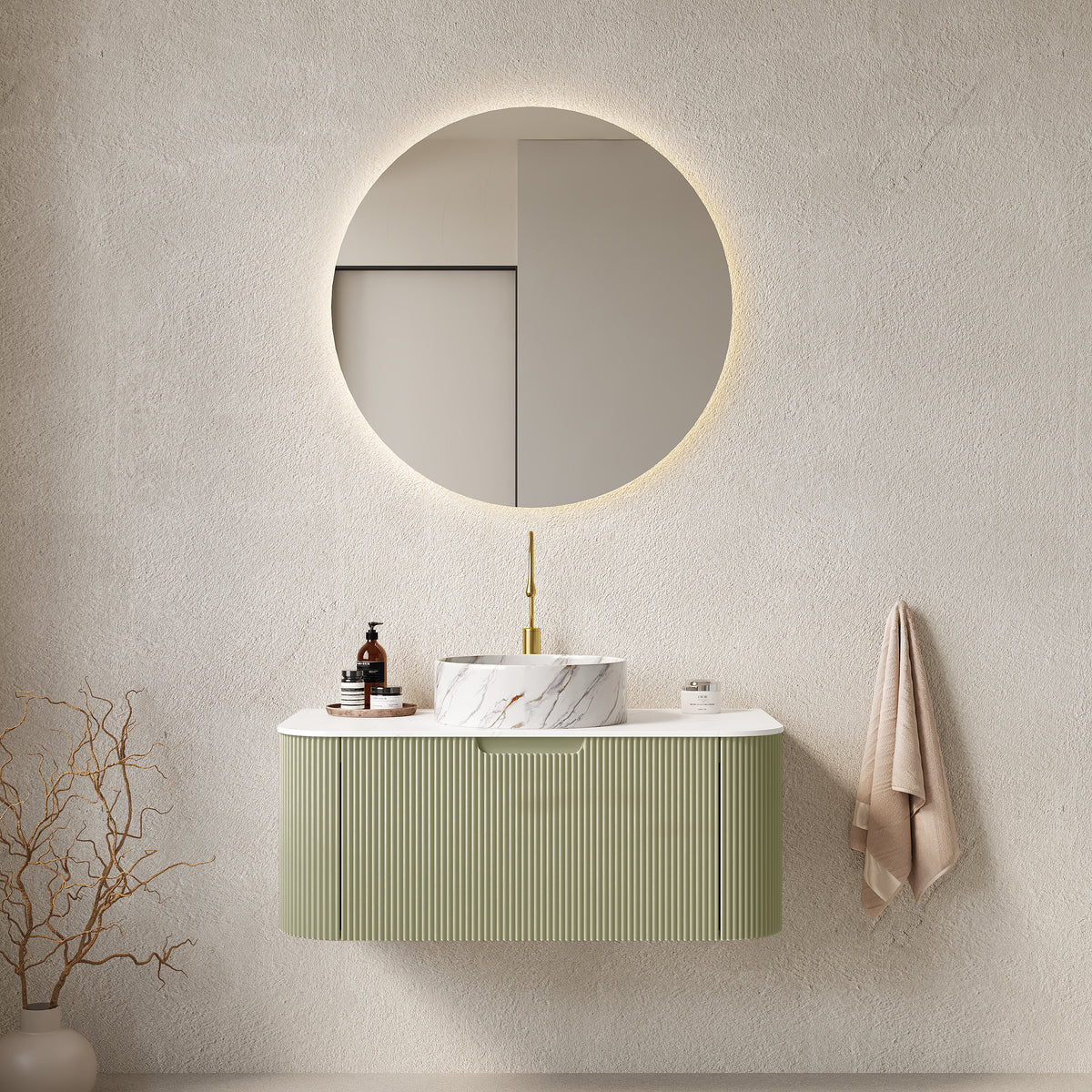 AISU 36" Bathroom Vanity with Sink, Curved Edges Striped, White Round Ceramic Basin with Stone Pattern, Light Green Color