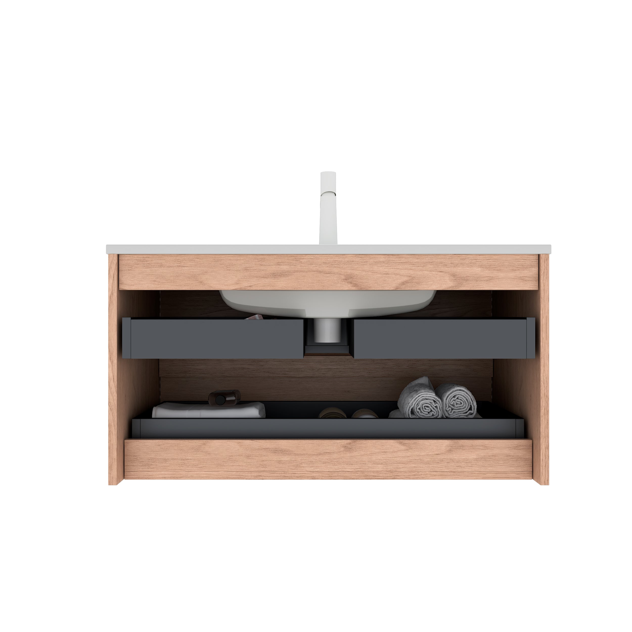 36" Modern Bathroom Vanity, Wall-Mounted, Natural Walnut Woodgrain Color