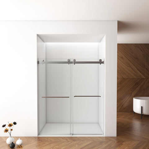 Porte de douche coulissante double sans cadre (56 à 60 po l x 76 po H), verre trempé transparent de 10 mm (3/8 po) avec rail carré, revêtement double face facile à nettoyer, finition nickel brossé avec tampon 