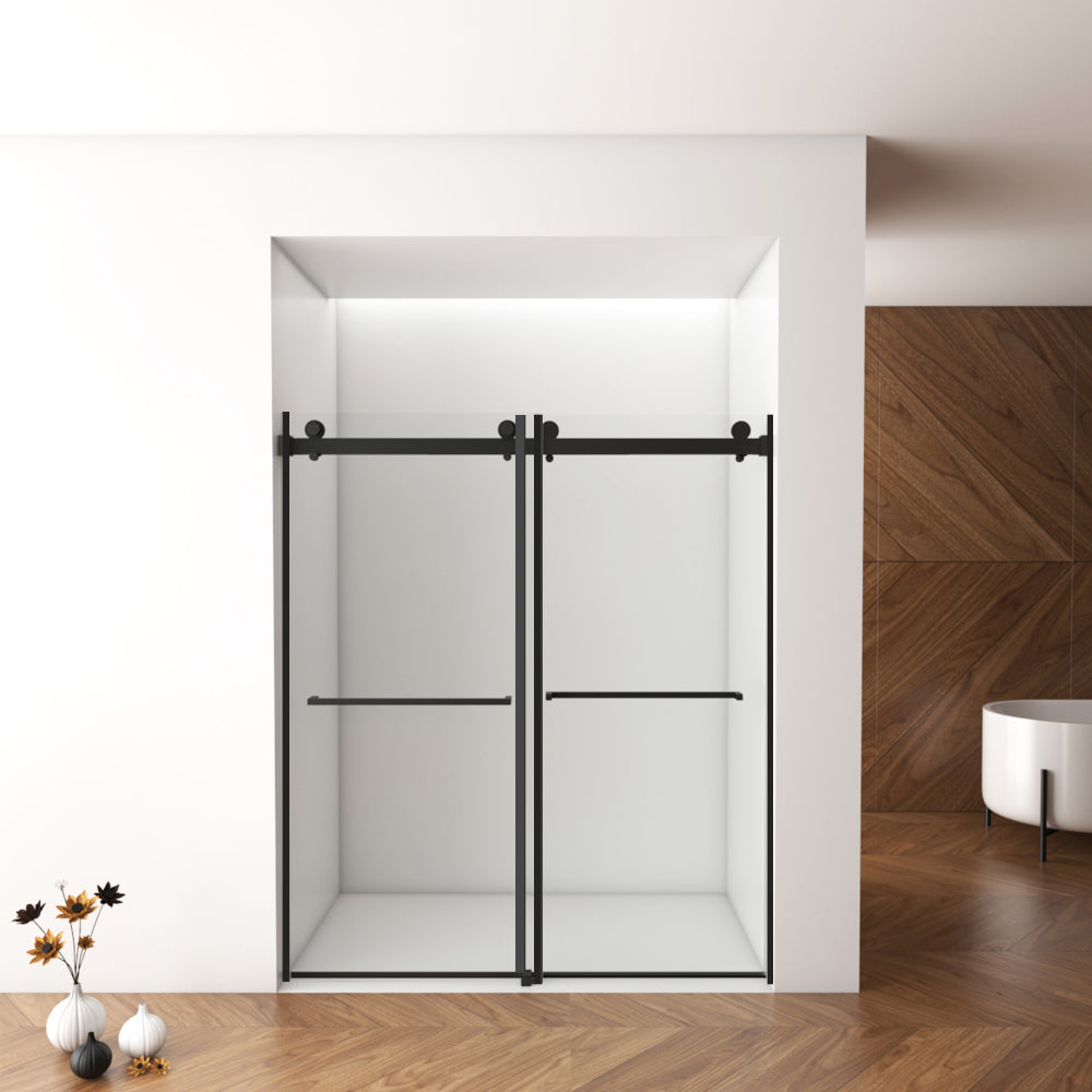 Porte de douche coulissante double sans cadre (142 à 152 cm de largeur x 178 cm de hauteur), verre feuilleté de 8 mm (5/16 po), verre trempé de qualité supérieure, revêtement double face facile à nettoyer, finition noir mat avec tampon. 