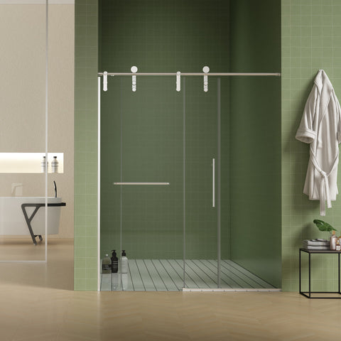 Porte de douche coulissante sans cadre avec porte-serviettes (56 à 60 po de largeur x 70 po de hauteur), verre trempé de qualité supérieure de 8 mm d'épaisseur, revêtement double face facile à nettoyer, finition nickel brossé avec tampon. 