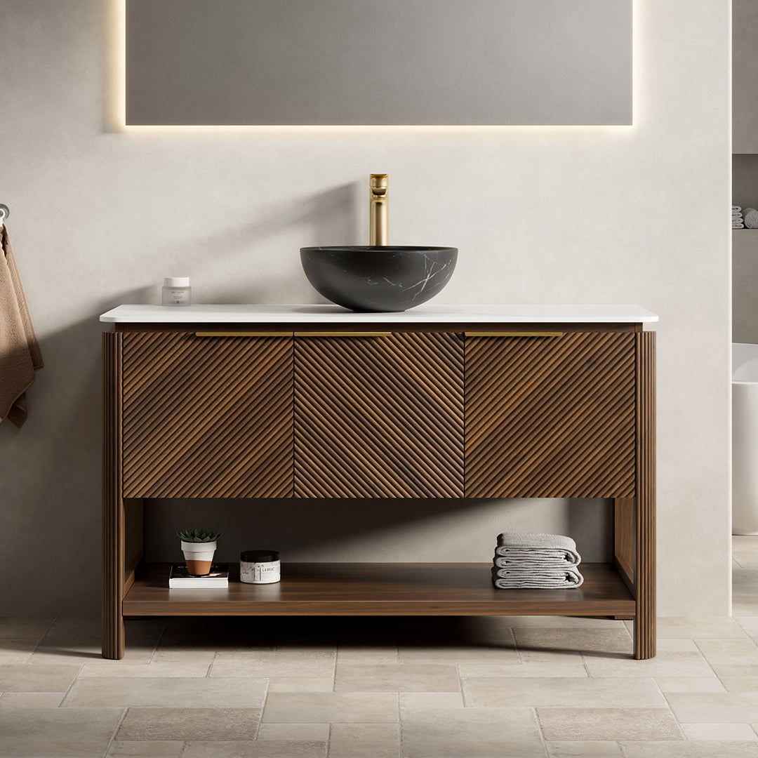 AISU 48" Freestanding Plywood Bathroom Cabinet with 3 Diagonal Doors&Open Shelf, Black Stone Pattern Ceramic Basin&Carrara White Sintered Stone Top, Dark Walnut Woodgrain