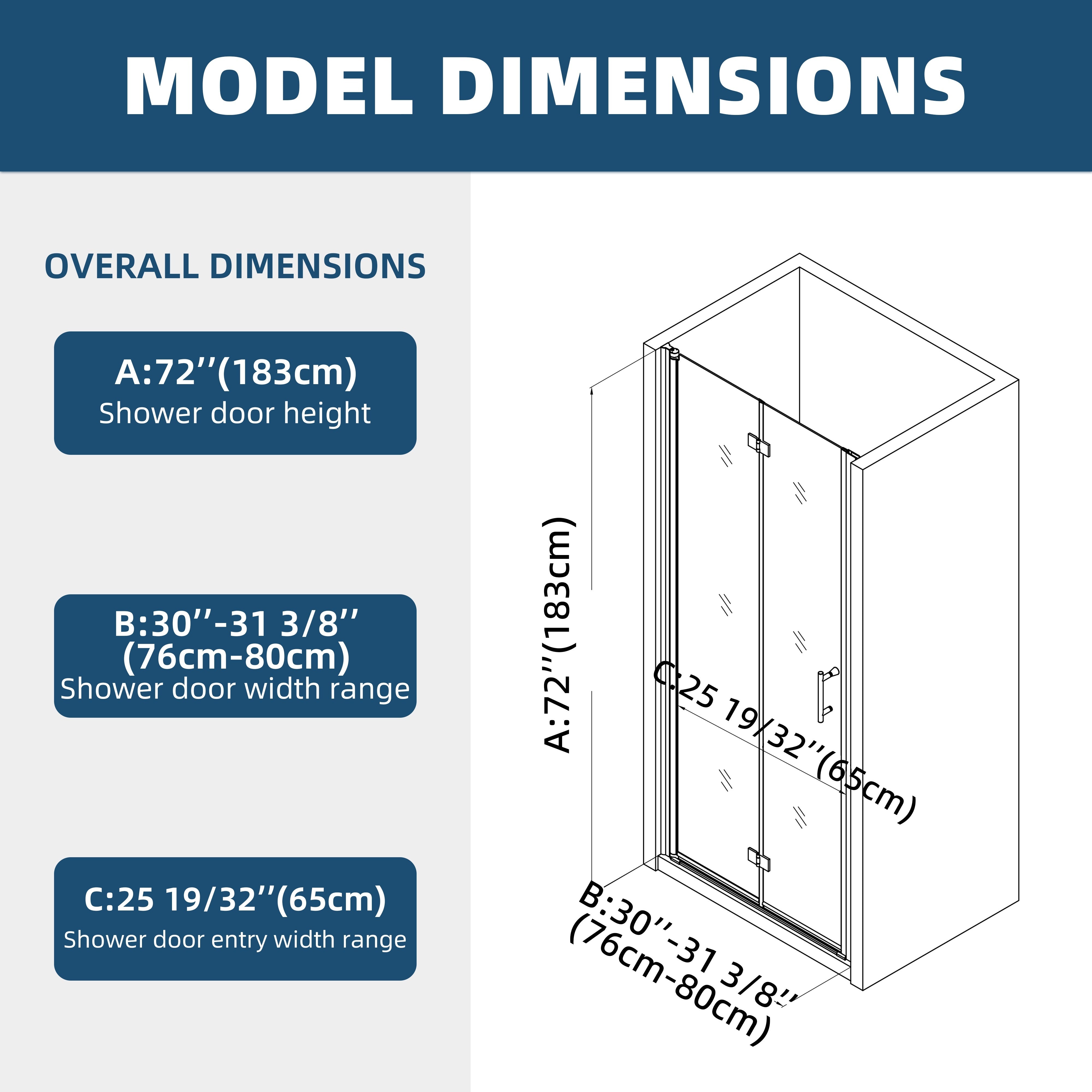 AISU 30in. W X 72in. H Frameless Pivot Bifold Shower Door, 1/4" (6mm) Clear SGCC Tempered Glass Shower Door