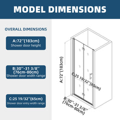 AISU 30in. W X 72in. H Frameless Pivot Bifold Shower Door, 1/4" (6mm) Clear SGCC Tempered Glass Shower Door