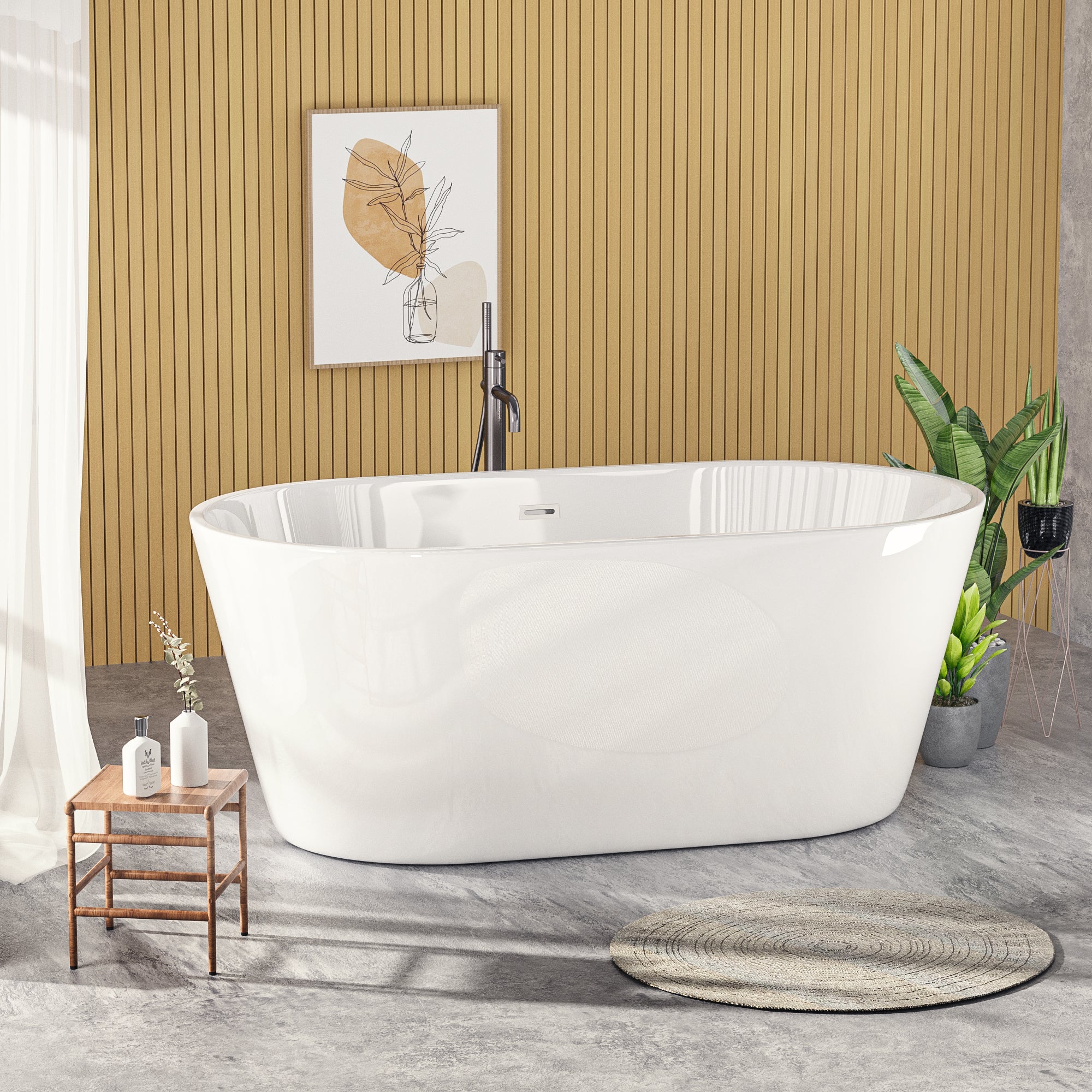 Baignoire autoportante en acrylique blanc brillant de 60 po avec bonde chromée à robinet et trop-plein à fentes classique 