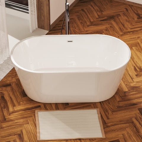Baignoire autoportante en acrylique blanc brillant de 60 po avec bonde chromée à robinet et trop-plein à fentes classique 