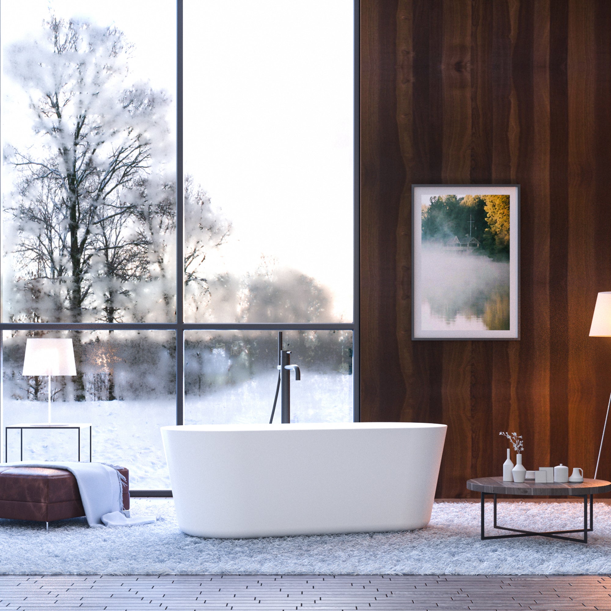 Baignoire autoportante en acrylique blanc brillant de 60 po avec bonde chromée à robinet et trop-plein à fentes classique 