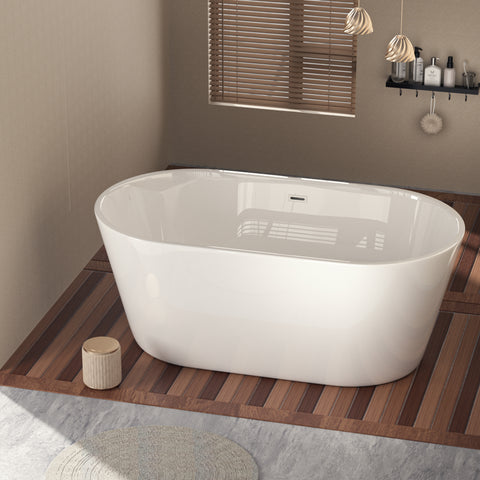 Baignoire autoportante en acrylique blanc brillant de 60 po avec bonde chromée à robinet et trop-plein à fentes classique 