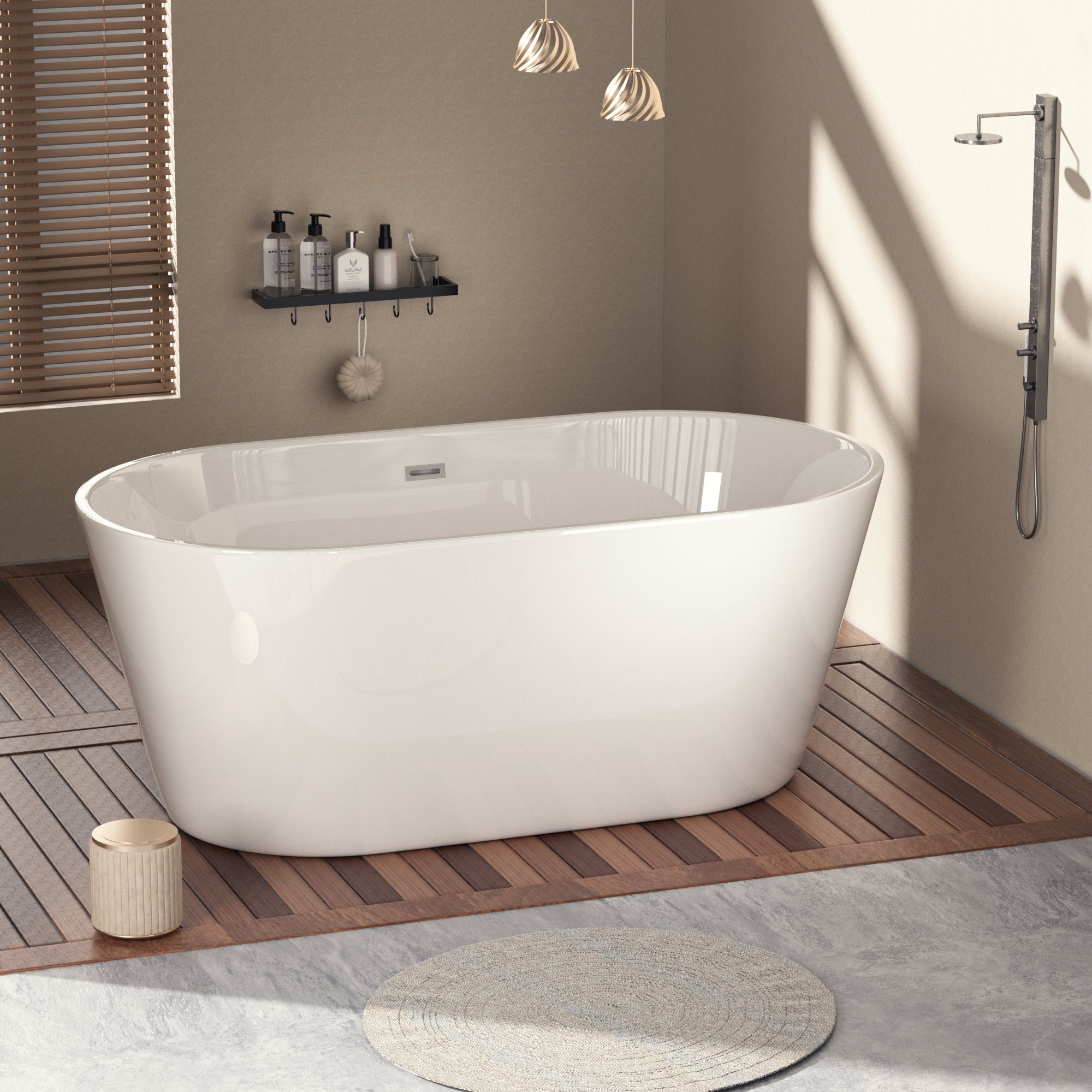Baignoire autoportante en acrylique blanc brillant de 60 po avec bonde chromée à robinet et trop-plein à fentes classique 