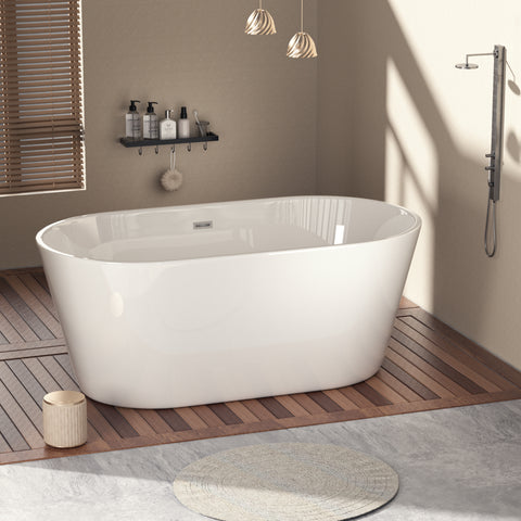Baignoire autoportante en acrylique blanc brillant de 60 po avec bonde chromée à robinet et trop-plein à fentes classique 