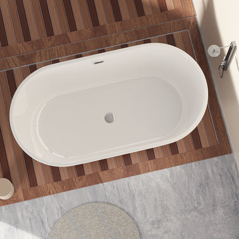 Baignoire autoportante en acrylique blanc brillant de 60 po avec bonde chromée à robinet et trop-plein à fentes classique 