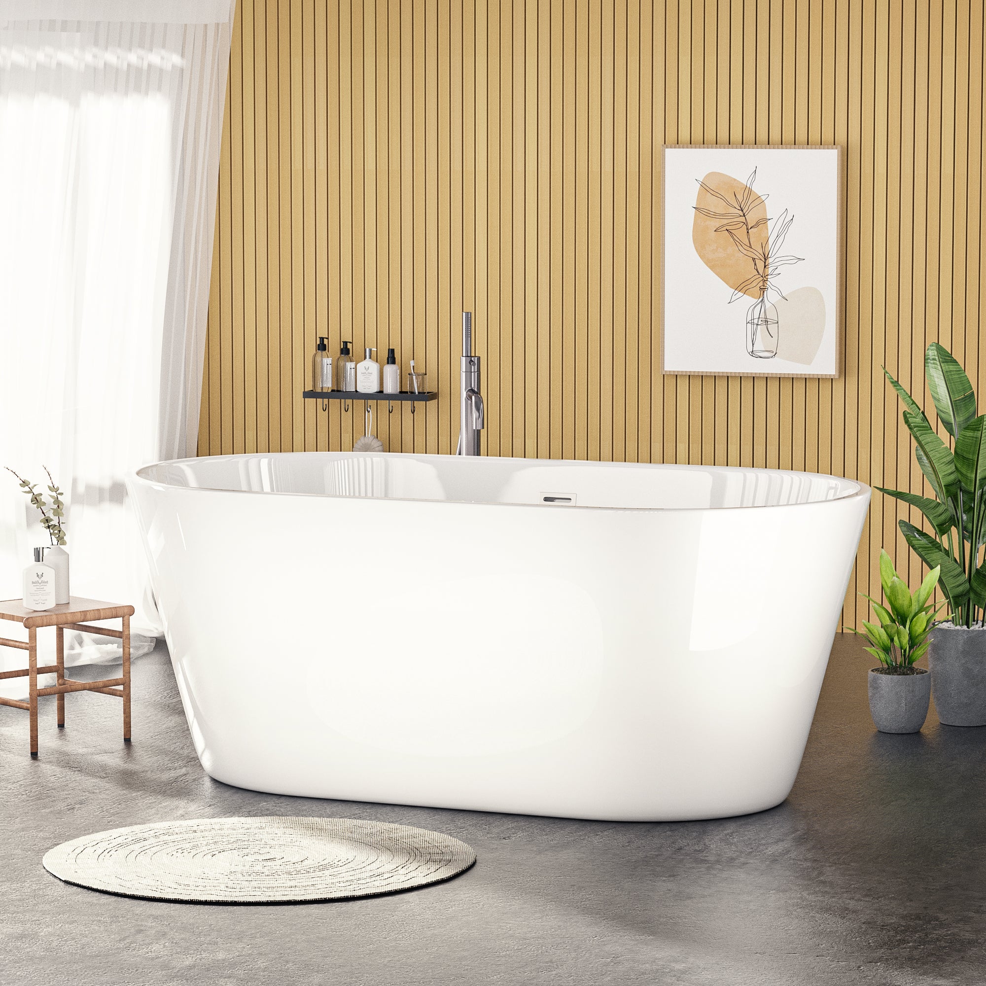 Baignoire autoportante en acrylique blanc brillant de 60 po avec bonde chromée à robinet et trop-plein à fentes classique 
