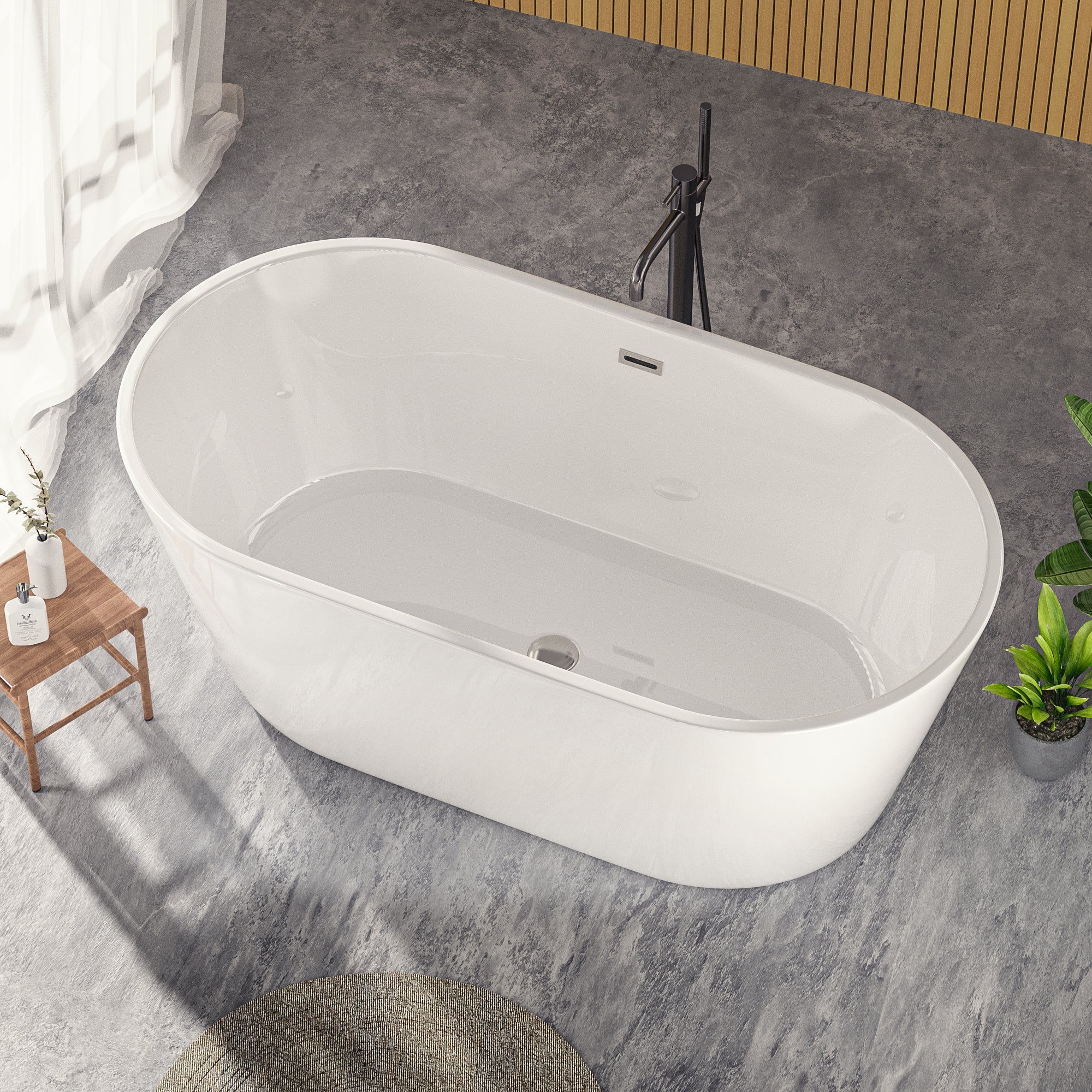 Baignoire autoportante en acrylique blanc brillant de 60 po avec bonde chromée à robinet et trop-plein à fentes classique 