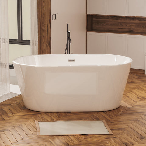 Baignoire autoportante en acrylique blanc brillant de 60 po avec bonde chromée à robinet et trop-plein à fentes classique 
