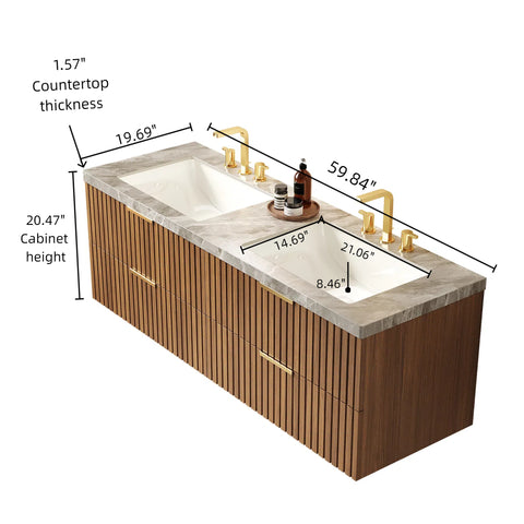60" Badezimmerwaschtisch mit Waschbecken, wandmontierter Badezimmerschrank mit Schubladen 