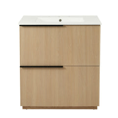 AISU 30" Fluted Design Freestanding Bathroom Vanity with Ceramic Sink, Wood