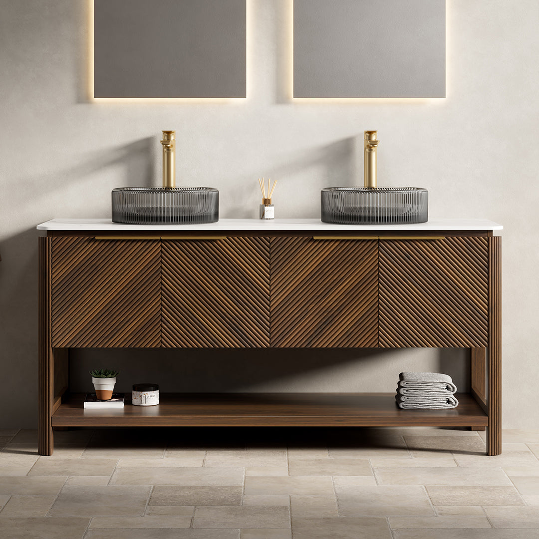 AISU 60" Freestanding Plywood Bathroom Cabinet with 3 Diagonal Striped Doors&Open Shelf, 2 Black Transport Glass Basins&Carrara White Sintered Stone Top, Dark Walnut Woodgrain