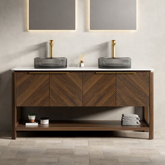 AISU 60" Freestanding Plywood Bathroom Cabinet with 3 Diagonal Striped Doors&Open Shelf, 2 Black Transport Glass Basins&Carrara White Sintered Stone Top, Dark Walnut Woodgrain
