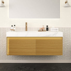 AISU 48" Floating Ultra-Slim Grille Plywood Bathroom Vanity, Drawers with Sensor Light, Carrara White Sintered Stone Top&Ceramic Undermount Basin, Pre-assembled, Light Woodgrain