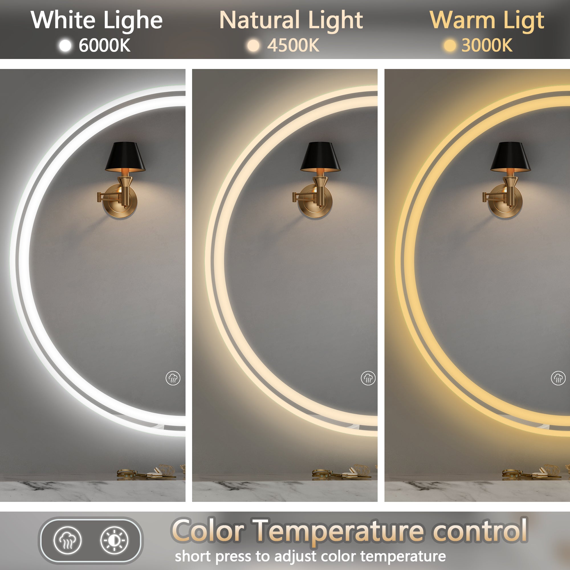 Miroir de salle de bain rond à LED de 71 cm (28 po) – Fixation murale pour plus de commodité 