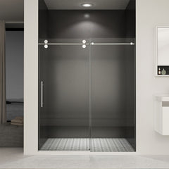 Porte de douche coulissante sans cadre 56"-60" l x 70/76" H, avec verre trempé de qualité supérieure de 3/8" (10 mm) / 5/16" (8 mm), revêtement double face facile à nettoyer, finition chromée avec tampon