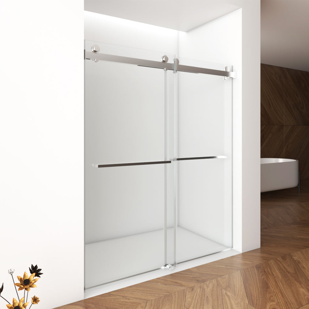 Porte de douche coulissante double sans cadre (56 à 60 po l x 76 po H), verre trempé transparent de 10 mm (3/8 po) avec rail carré, revêtement double face facile à nettoyer, finition nickel brossé avec tampon 
