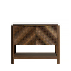 AISU 36" Freestanding Cabinet with 2 Doors&Open Shelf, Carrara White Sintered Stone Top, NO Basin, NO Faucet and Drain, Dark Walnut Woodgrain