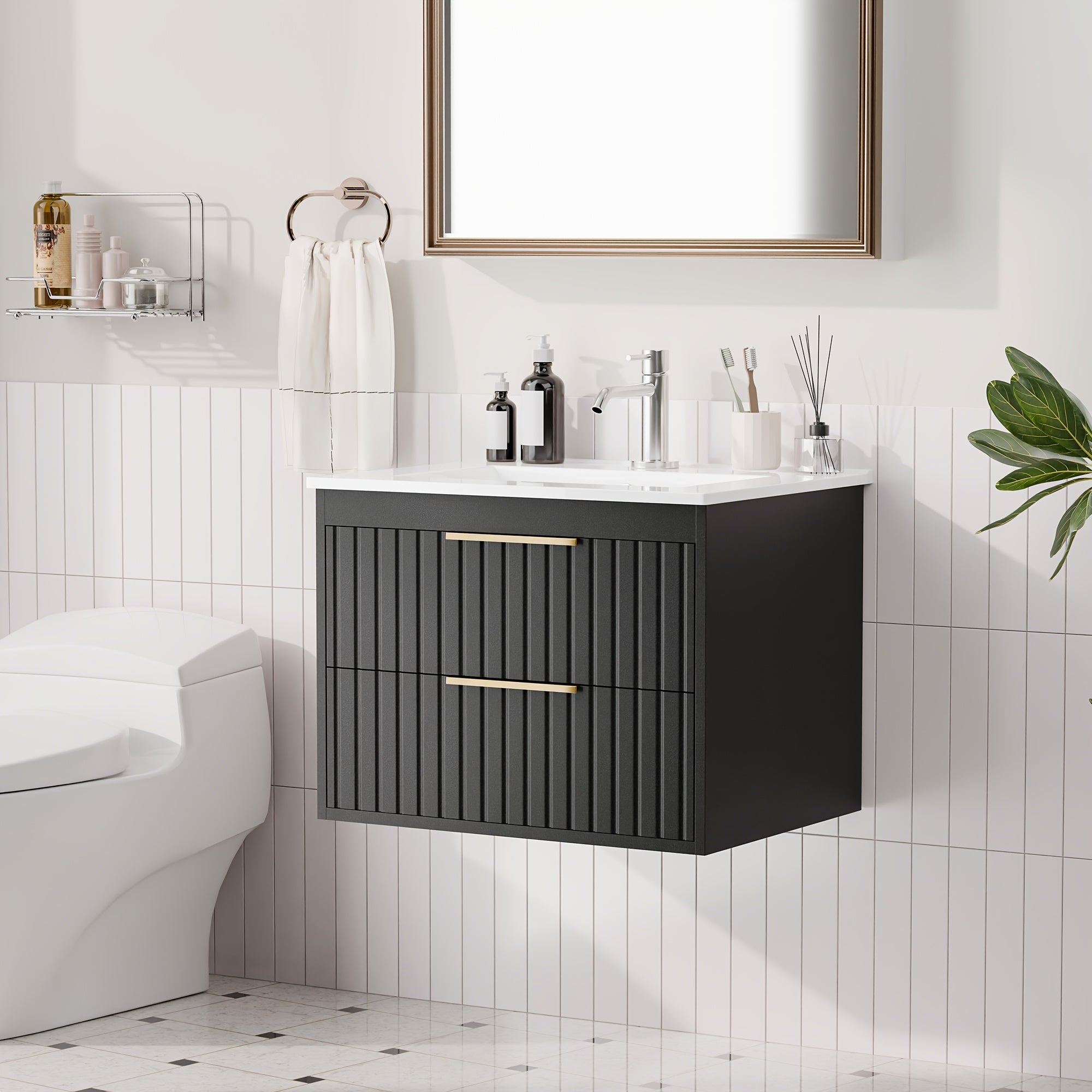 AISU 24" Weißer schwebender Badezimmerwaschtisch mit Waschbecken – Wandmontage