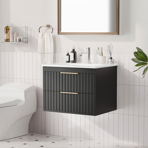 AISU 24" Weißer schwebender Badezimmerwaschtisch mit Waschbecken – Wandmontage