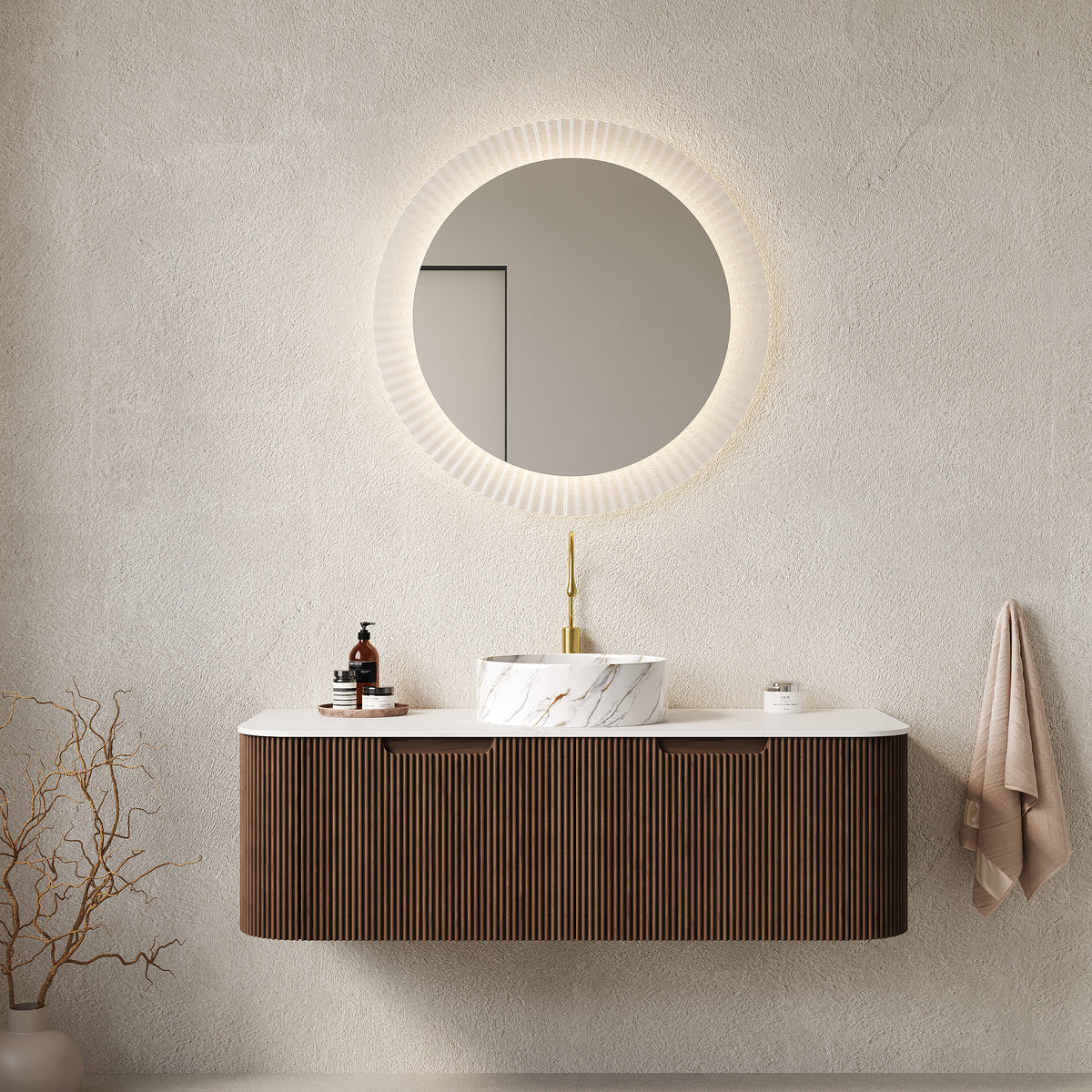 AISU 48" Bathroom Vanity with Sink, Curved Edges Striped, White Round Ceramic Basin with Stone Pattern, Dark Walnut Woodgrain Color