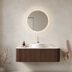 AISU 48" Bathroom Vanity with Sink, Curved Edges Striped, White Round Ceramic Basin with Stone Pattern, Dark Walnut Woodgrain Color