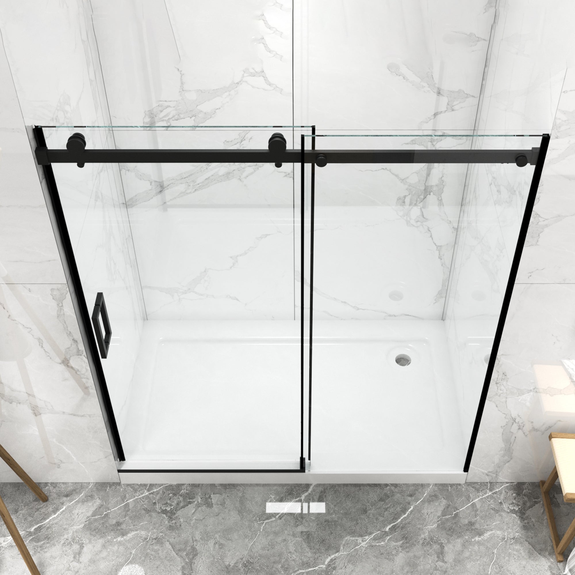Porte de douche coulissante sans cadre (56 à 60 po l x 70 po H), avec verre trempé de qualité supérieure de 8 mm d'épaisseur, finition noir mat avec tampon 