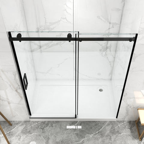 Porte de douche coulissante sans cadre (56 à 60 po l x 70 po H), avec verre trempé de qualité supérieure de 8 mm d'épaisseur, finition noir mat avec tampon 