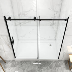 Porte de douche coulissante sans cadre (56 à 60 po l x 70 po H), avec verre trempé de qualité supérieure de 8 mm d'épaisseur, finition noir mat avec tampon 