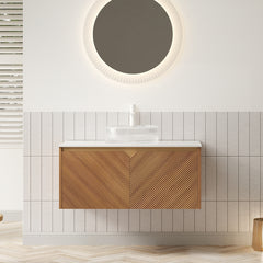 AISU 36" Bathroom Vanity&Sink, Floating Plywood Storage Cabinet, Twill Double Doors with Metal Trim, Transparent Round Glass Vessl Basin&Carrara White Sintered Stone Top, Brown Oak Woodgrain Color