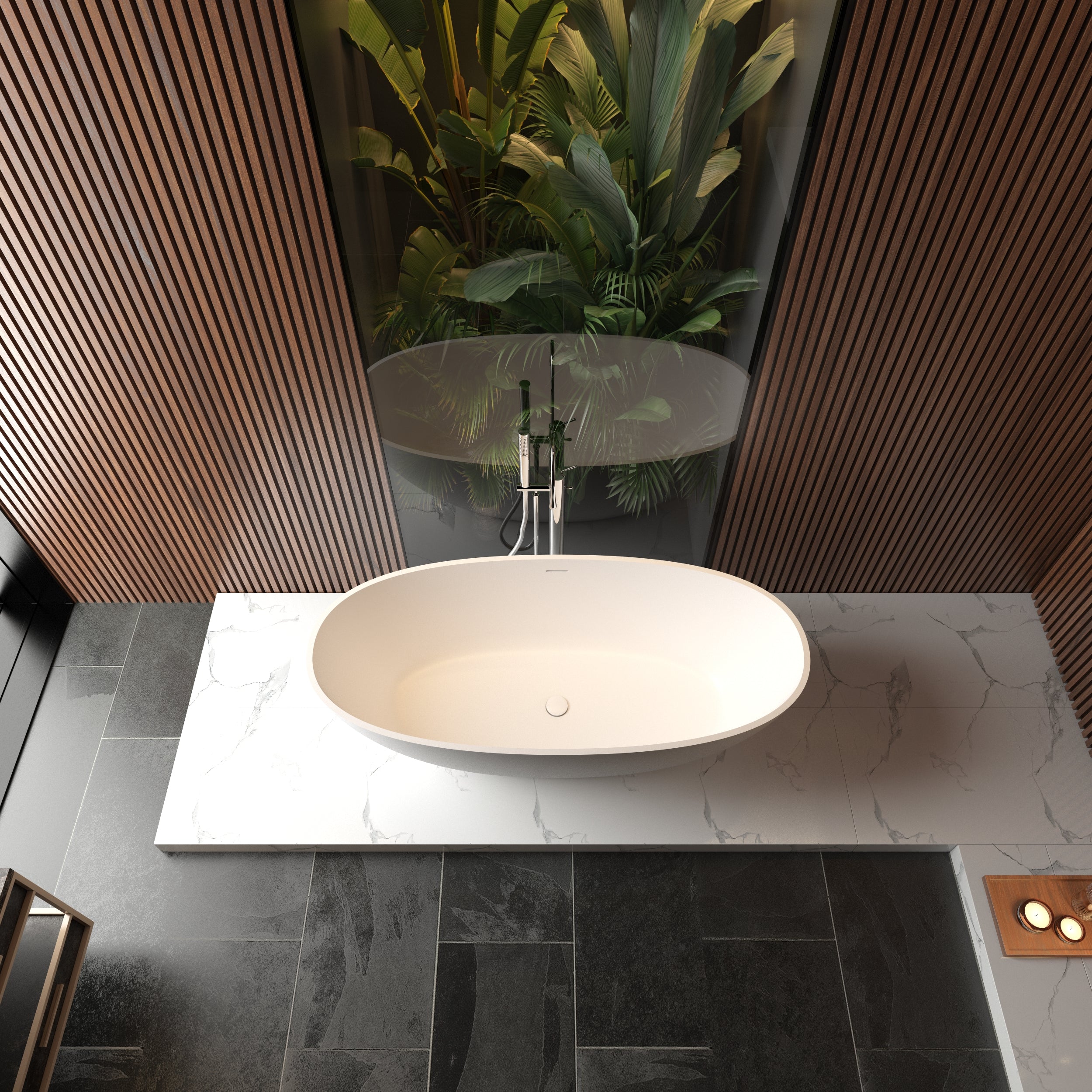 Baignoire autoportante en surface solide de 65 po avec trop-plein et bonde escamotable, blanc mat 