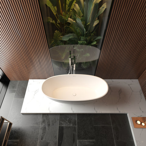 Baignoire autoportante en surface solide de 65 po avec trop-plein et bonde escamotable, blanc mat 