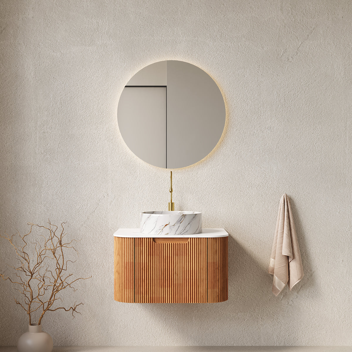AISU 24" Bathroom Vanity with Sink, Curved Edges Striped, White Round Ceramic Basin with Stone Pattern, Natura Woodgrain Color