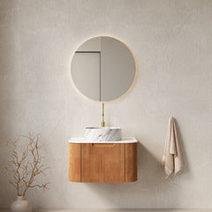 AISU 24" Bathroom Vanity with Sink, Curved Edges Striped, White Round Ceramic Basin with Stone Pattern, Natura Woodgrain Color