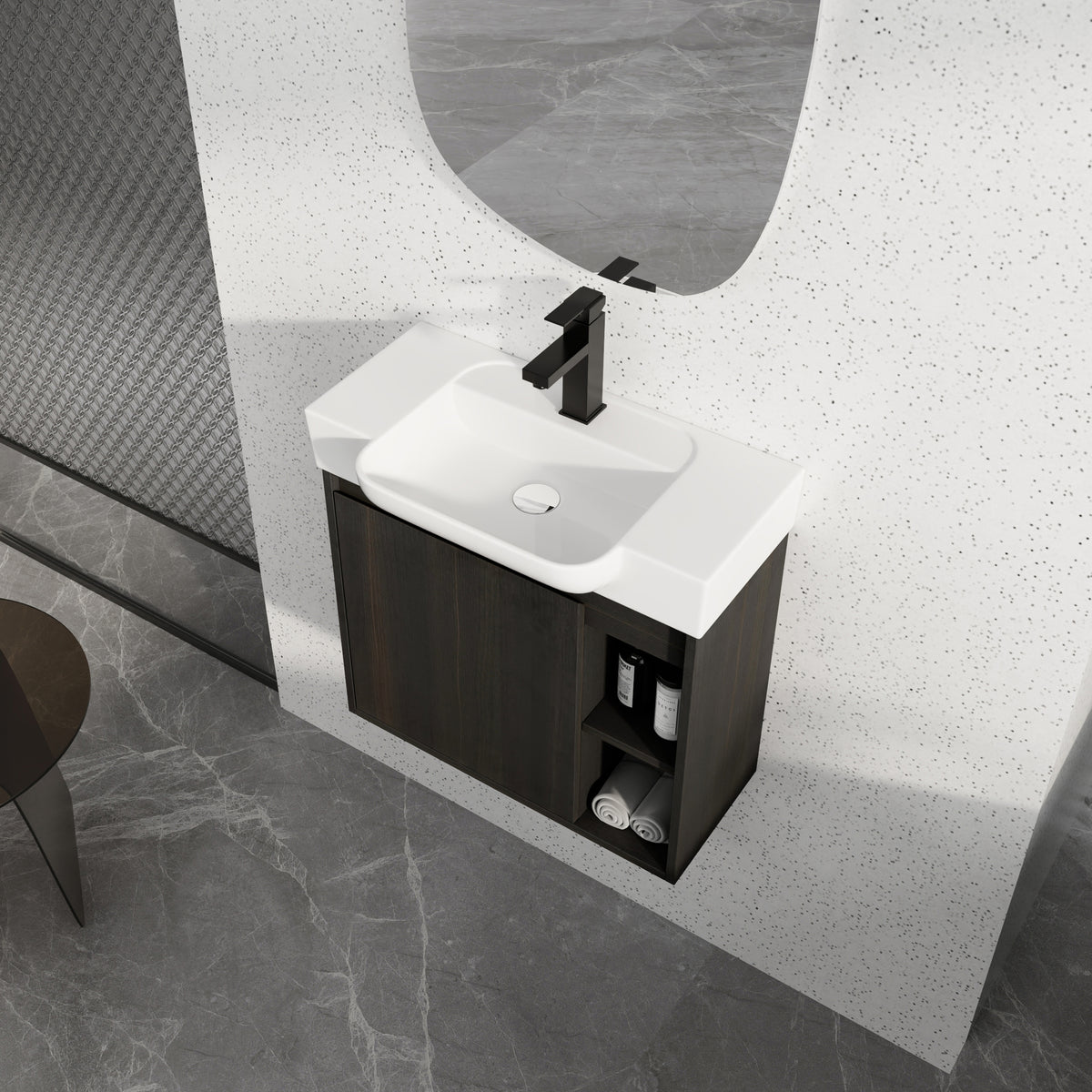 AISU 24" Wall-Mounted Bathroom Vanity with White Ceramic Sink & Soft-Close Door, Compact Idea, KD-Packing, Dark Oak