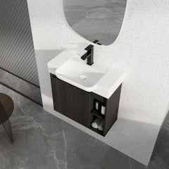 AISU 24" Wall-Mounted Bathroom Vanity with White Ceramic Sink & Soft-Close Door, Compact Idea, KD-Packing, Dark Oak