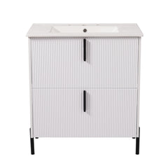 AISU 30" Ultra Fluted Design Freestanding Bathroom Vanity with Ceramic Sink, With Leg, White