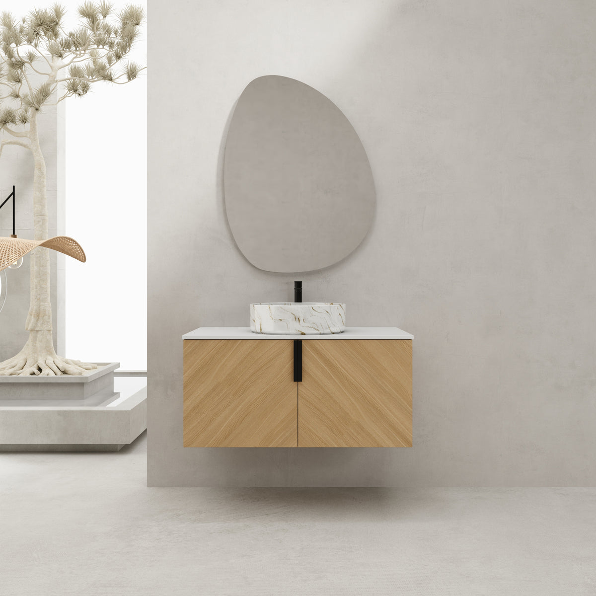 AISU 36" Wall-Mounted Bathroom Vanity With Top Ceramic Art Sink and Artificial Stone Slab, 2-Soft Close Door (KD-Packing)