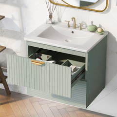 Meuble-lavabo mural moderne de 24 pouces avec 2 tiroirs, vert – Idéal pour les petites salles de bain 