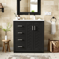 AISU 30" Solid Wood Floor Mounted Bathroom Vanity with Ceramic Sink Combo, Black