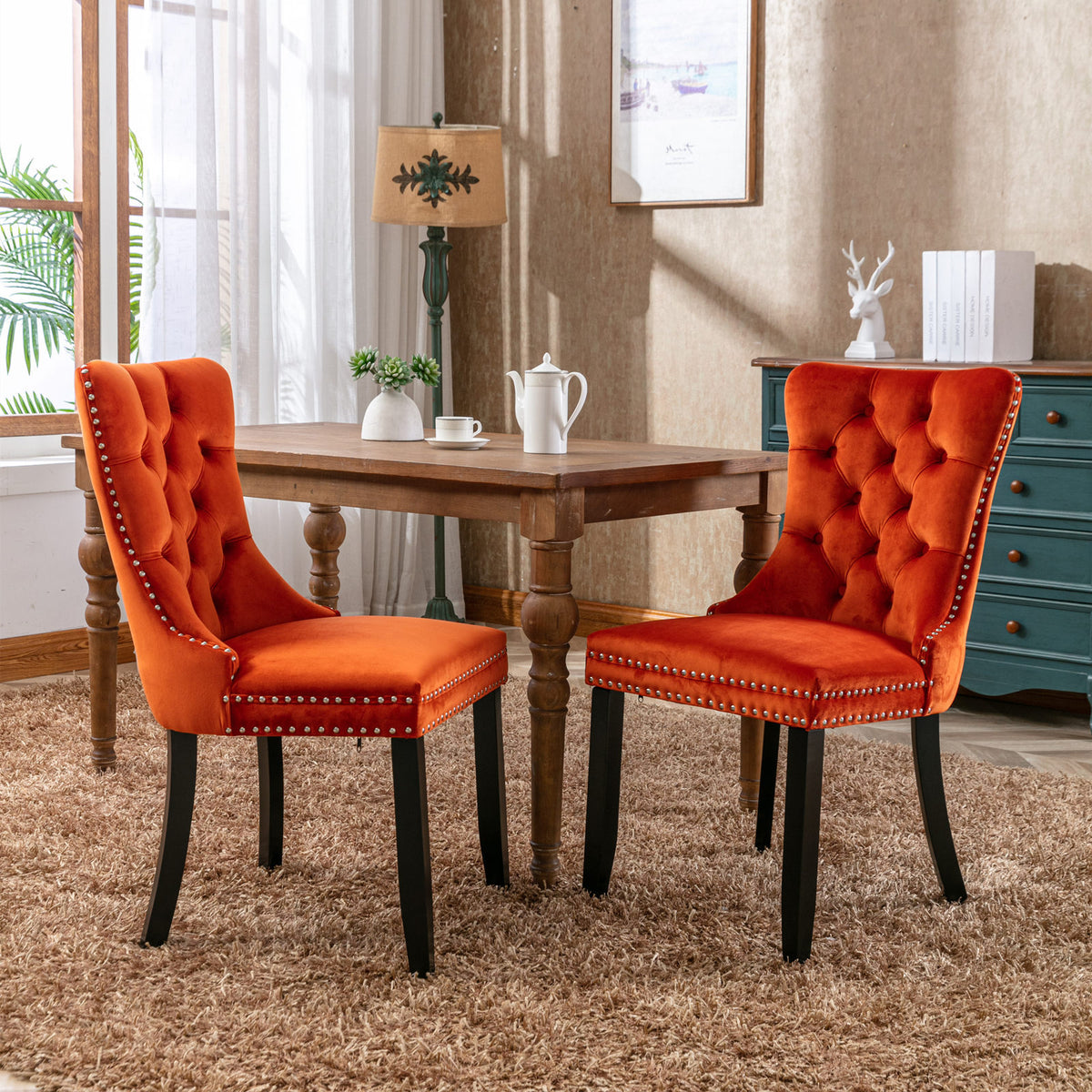 AISU, High-end Tufted Solid Wood Contemporary Velvet Upholstered Dining Chair with Wood Legs Nailhead Trim 2-Pcs Set, Orange