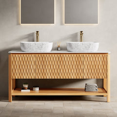 AISU FacetGrid 60" Bathroom Vanity Freestanding Plywood Cabinet with 4 Bamboo Texture Doors&Open Shelf, 2 Marble Pattern Ceramic Basins&Carrara White Sintered Stone Top, Woodgrain Color